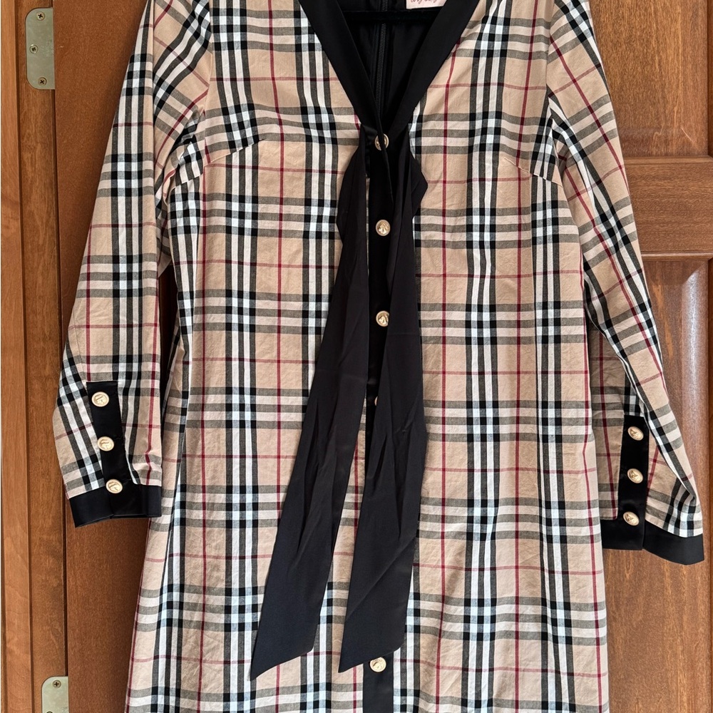 Plaid Button-Up Dress with Black Accents